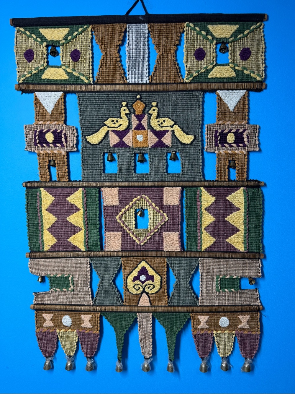 Vintage Handwoven Fiber Art Wall Hanging with Peacocks and Brass Bells